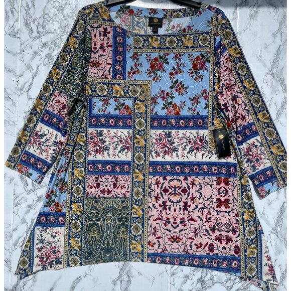 JM Collection Floral Patchwork Tunic Top With 3/4 Sleeves & Asymmetrical Hem L - Picture 1 of 7